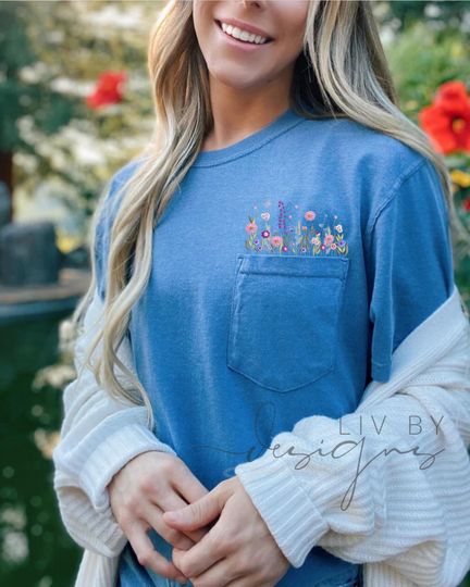 Wildflower Embroidered Pocket T-Shirt - Comfort Colors Short Sleeve T-Shirt - Mother's Day Gift Summer Tee