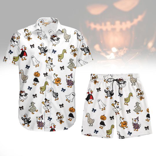 Halloween Duck Button Shirt/Shorts, Cute Goose Halloween Hawaii Shirt, Fall Pumpkin Ghost Shirt, Halloween Gift For Man, Halloween Part