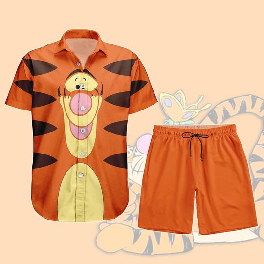 Tigger Costume Hawaiian Shirt, Tiger Face Halloween Shirt, Winnie the Pooh Cosplay Button Shirt, Halloween Disney Tiger Man Shorts