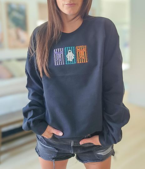 Lace Halloween Frame Trio Embroidered Sweatshirt Ghost Spooky Bow Crewneck
