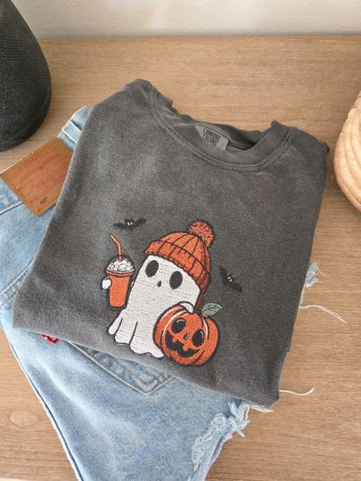Ghost with Coffee Embroidered T-Shirt - Pumpkin Spice Halloween T-Shirt