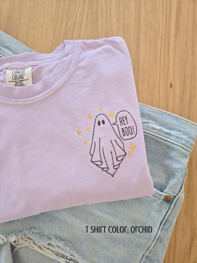 Hey Boo Ghost Custom Comfort Colors T-Shirt Embroidered Halloween Tee