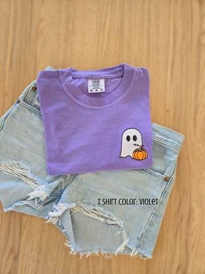 Embroidered Ghost and Pumpkin Halloween T-Shirt
