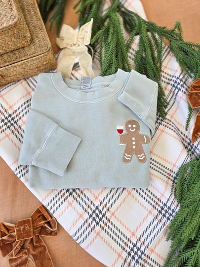 Gingerbread Man Christmas Sweatshirt Embroidered Christmas Crewneck Wine Lover Custom Holiday Gift