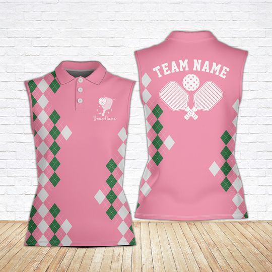 Custom Pickleball Argyle Polo Shirt, Personalized Pickleball Sleeveless Women Men Polo