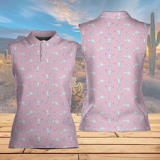 Pink Western Polo Shirt, Funny Bull Skull Cowboy Hat Sleeveless Polo, Western Howdy