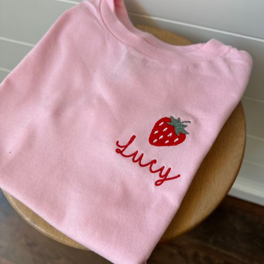Toddler Embroidered Pink Strawberry T-Shirt - Personalized Name Tee