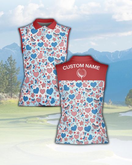 Custom Sleeveless Golf Polo for Women, Patriotic Red White Blue Heart Print