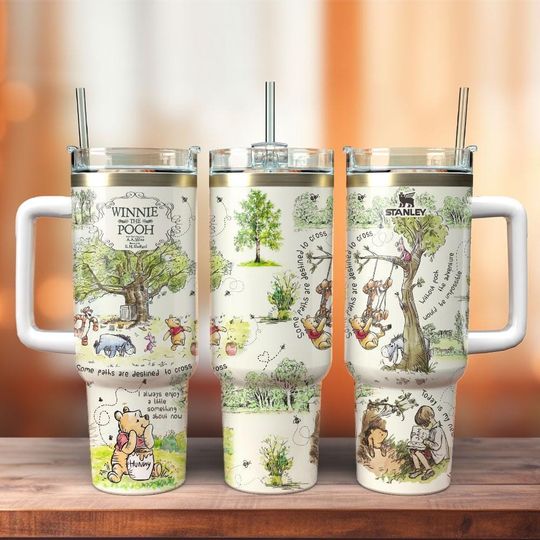 Winnie The Pooh Tumbler 40Oz, Pooh And Friends Coffee Tumbler, Disney Cartoon Insulated Tumbler, Pooh Eeyore Piglet Tigger Tumbler Cup