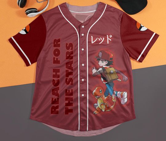 Ash and Friends Baseball Jersey Shirt, Charmander Pika Anime Shirt, Funny Graphic Jersey, Unisex Baseball Shirt, Birthday Gift