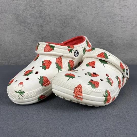 Classic Clog Shoes Strawberry Print Fuzzy Lined Comfort Slip