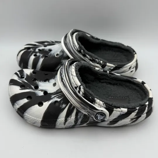 Classic Lined Clog Marbled Fur Fuzzy Slippers Shoes Black White