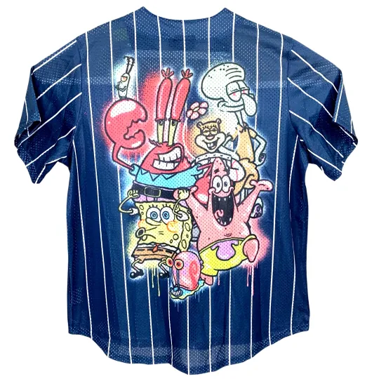 Nick 90s SpongeBob SquarePants Baseball Jersey Shirt Mens Pinstripe Blue XL