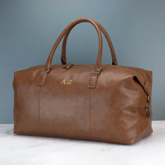 Personalised Mens Leather Holdall - Black or Brown Weekend Bag