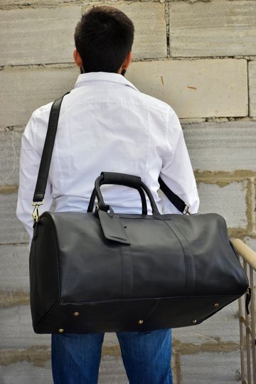 Black Leather Duffel Bag with Shoe Compartment - Anniversary Gift for Him