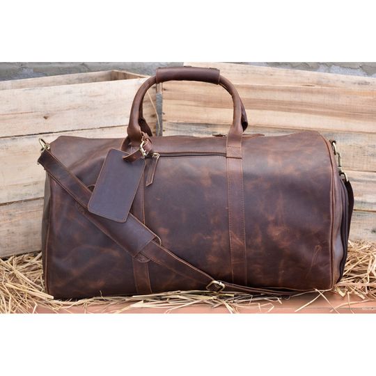Leather Weekender Bag with Shoe Compartment - Travel Gift for Him