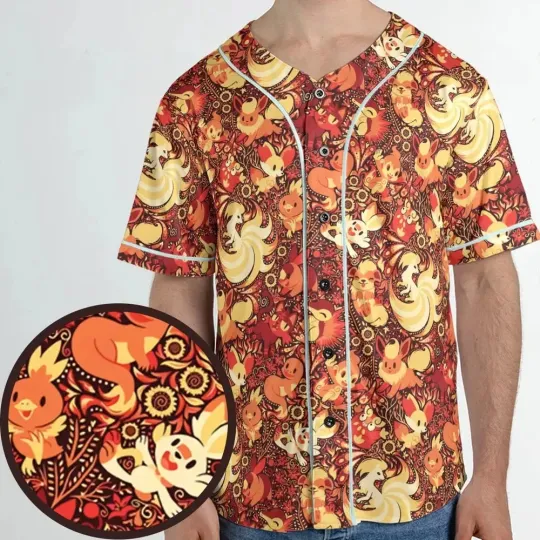 Pokemonn Fire Pattern Unisex Baseball Jersey