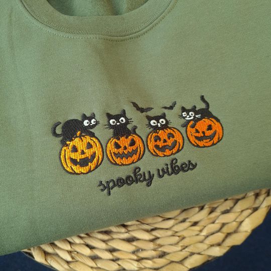 Embroidered Black Cat Sweatshirt, Halloween Cat Crewneck, Spooky Cat Pullover, Pet Lover Gift