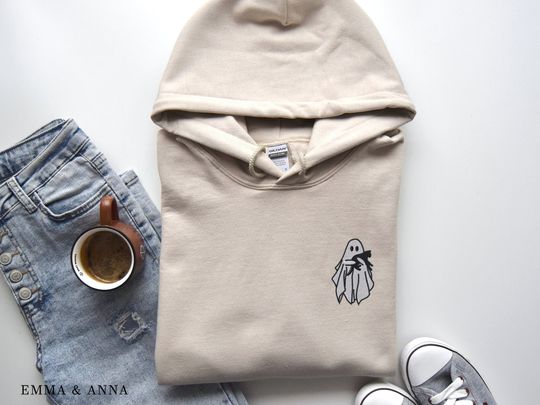 Embroidered Ghost Hoodie, Halloween Sweatshirt, Black Cat, Fall Hoodies for Women, Spooky Season Crewneck