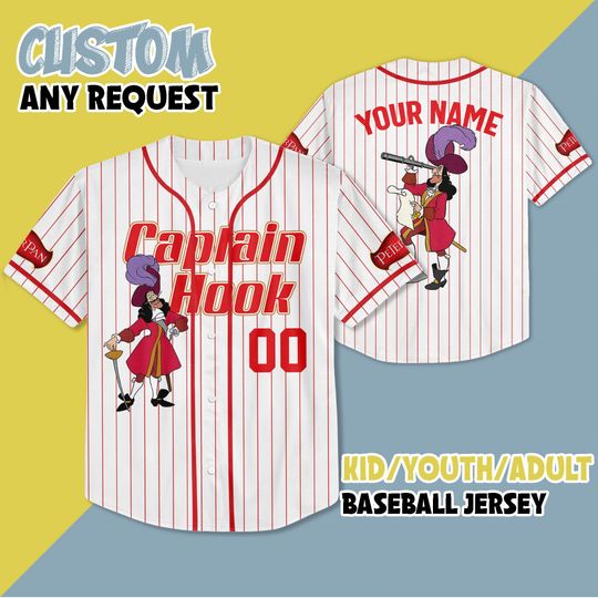 Custom Disney Captain Hook Baseball Jersey, Custom Disney Captain Hook Baseball, Peter Pan Baseball Jersey, Disney Birthday Gift