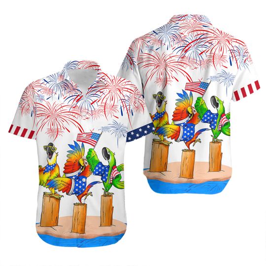 Parrot Independence Day Hawaiian Shirt, Patriotic USA Flag, Men Short Sleeve Regular Fit, Summer Button Up Shirt