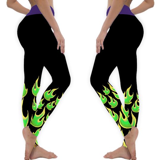 Evil Fairy Green Flames Maleficent Yoga Leggings Sleeping Beauty Villain Cosplay Woman Halloween Costume Running Fire Pants Activewear Party