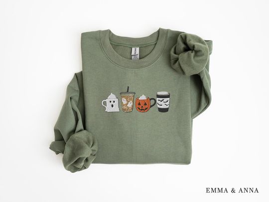 Embroidered Halloween Sweatshirt, Fall Coffee Crewneck, Pumpkin Spice Sweatshirt, Coffee Lover Top