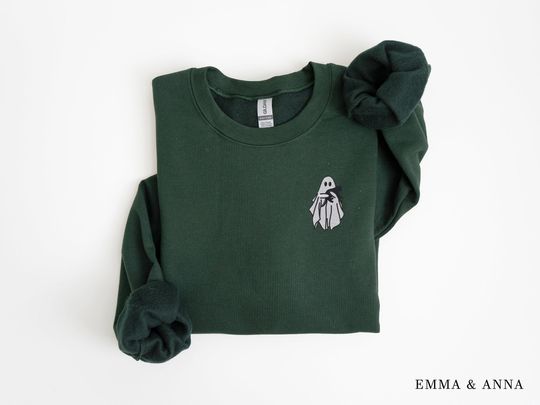 Embroidered Ghost Sweatshirt for Women, Halloween Black Cat Crewneck, Spooky Season Fall Sweatshirt