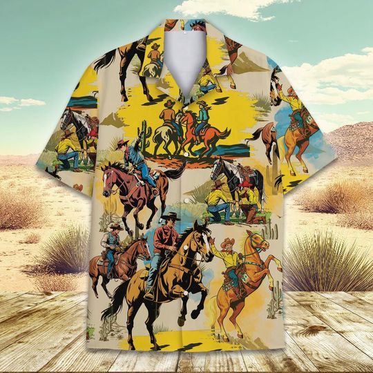 Vintage Cowboy Hawaiian Shirt, Western Cowboy with Horses Shirt, Short Sleeve Beach Summer