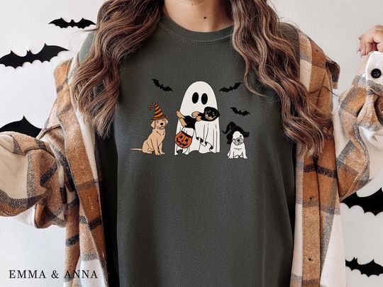 Halloween Ghost Dog T-Shirt, Cute Spooky Fall Shirt for Women, Comfort Colors Clothing