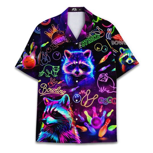 Funny Neon Bowling Space Raccoon Hawaiian Shirts For Women Racoon Shirts Womens Hawaiian Shirt For Women Hawaiian Shirts
