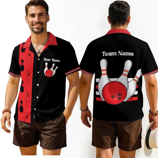 Personalized Bowling Hawaiian Shirt, Custom Name Bowling Button Down Shirt, Matching Bowling Team Shirt, Bowling Lover Gift, Bowler Shirts