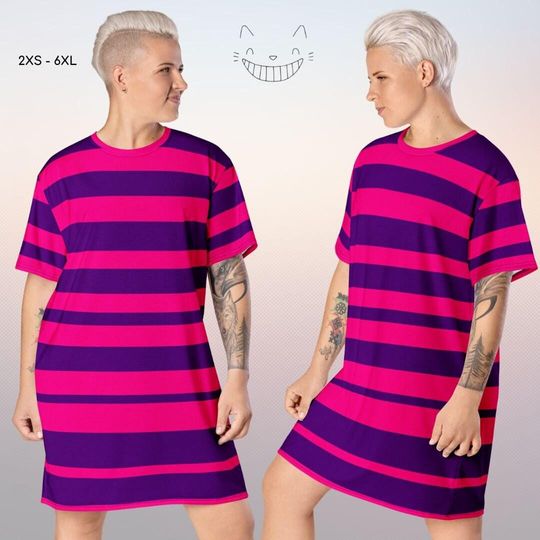 Alice in Wonderland Cheshire Cat T-Shirt Dress Irregular Stripes Unisex Adult Halloween Costume Cosplay Outfit Running Oogie Boogie Bash