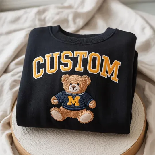 College Teddy Bear Embroidered Sweatshirts, Custom Mascot Embroidery, Personalized University Crewneck, Cute School Spirit Shirt for Students
