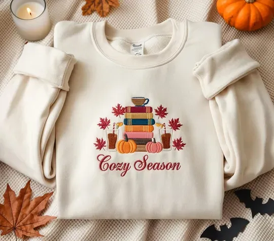 Cozy Season Embroidered Sweatshirts, Fall Book Lover Crewneck, Autumn Vibes Sweatshirt, Bookish Girl Aesthetic, Bookish Halloween