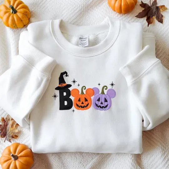 Disney Halloween Boo Embroidered Sweatshirts, Pumpkin Mickey Sweater, Witch Hat Boo, Disney Halloween Sweater, Disney Halloween Trip