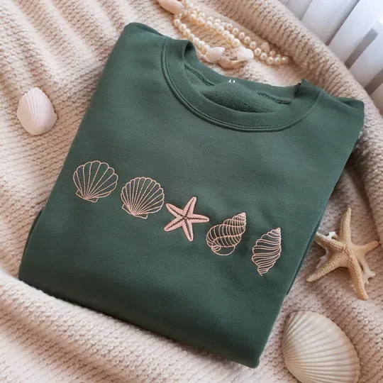 Sea Shells 90s Vintage Style Embroidered Sweatshirts, Retro Y2k Ocean Shell, Summer Ocean Sweater, Cute Sea Animal