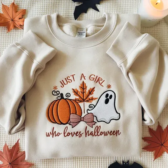 Just A Girl Who Loves Halloween Embroidered Sweatshirts, Cute Ghost Pumpkin Sweater, Coquette Halloween Pumpkin Season