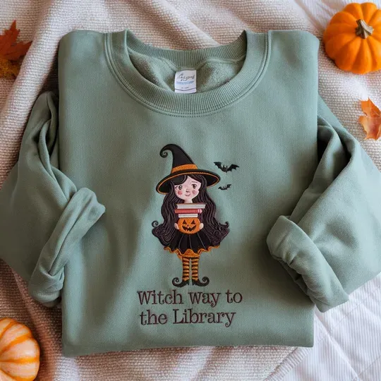 Halloween Librarian Embroidered Sweatshirts, Witch Way to the Library Sweater, Scary Bookworm, Halloween Book Lover Sweater, Halloween School
