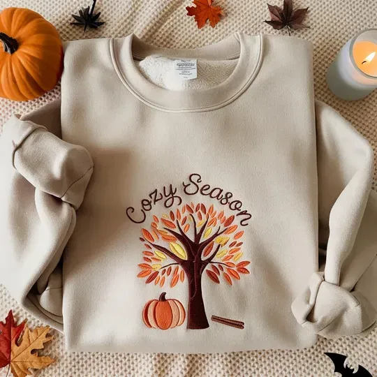 Fall Postage Stamp Embroidered Sweatshirts, Pumpkin Season Sweater, Cozy Autumn Leaves Crewneck, Thanksgiving Fall Shirt, Fall Themed Sweater