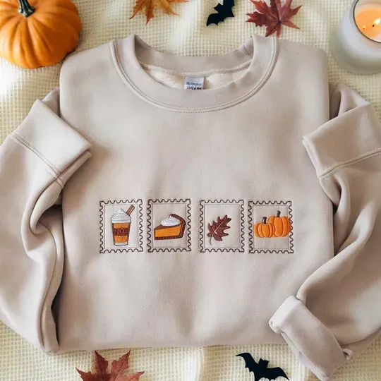 Fall Postage Stamp Embroidered Sweatshirts, Pumpkin Season Sweater, Cozy Autumn Leaves Crewneck, Thanksgiving Fall Shirt, Fall Themed Sweater