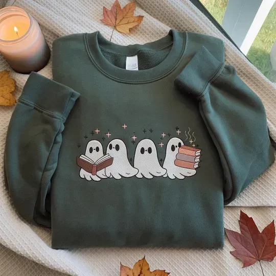 Book Lover Halloween Embroidered Sweatshirt, Ghost Reading Books Sweatshirt, Halloween Teacher Sweater