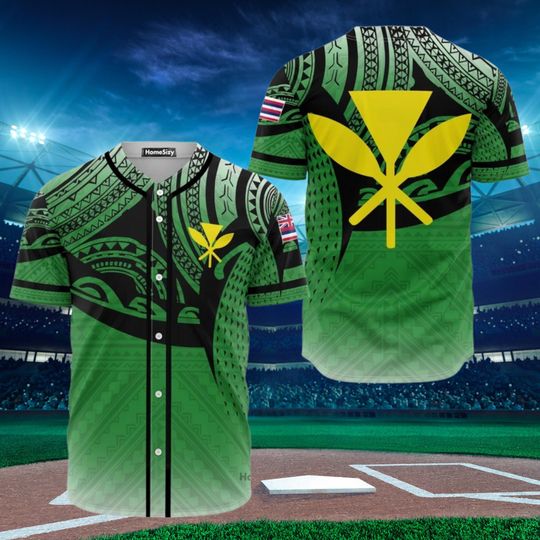 Hawaiian Polynesian Green Baseball Jersey Shirt 3D Printed Tribal Kanaka Maoli Design