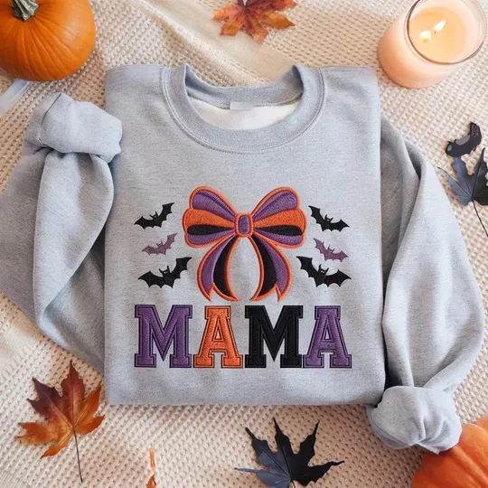 Halloween Mama Embroidered Sweatshirt, Spooky Bow Bat Shirt for Mom, Family Fall Sweaters, Mama Halloween Sweatshirt