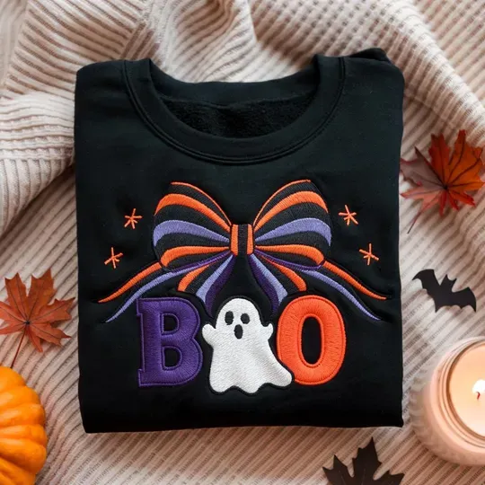 BOO Ghost Embroidered Sweatshirt, Coquette Bow Halloween Ghost, Spooky Fall Sweater, Halloween Spooky Season