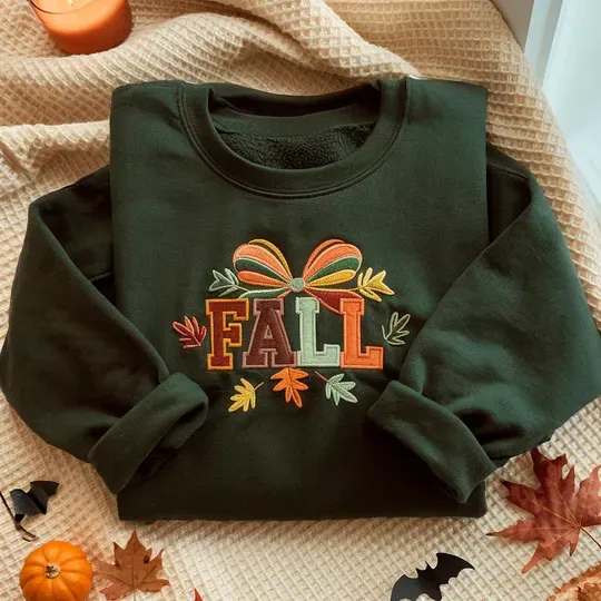 Coquette Bow Fall Embroidered Sweatshirt, Preppy Fall, Autumn Crewneck, Cozy Pumpkin Spice Season, Thanksgiving Sweater