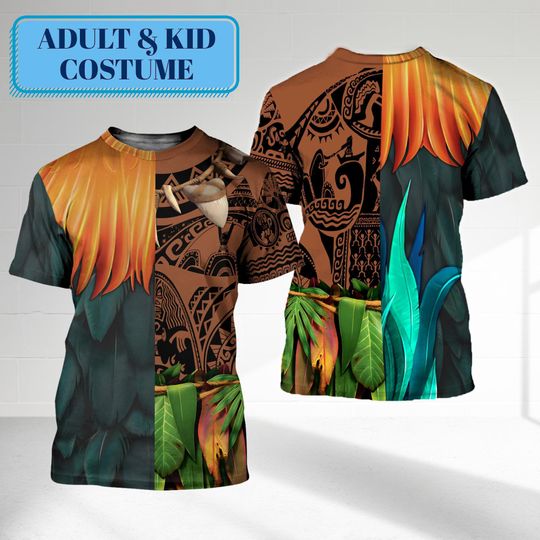 Moana Princess Maui And Hei Hei Costume 3D Shirt, Moana Halloween Costume For Family Group T Shirt, Maui All Over Print Gift