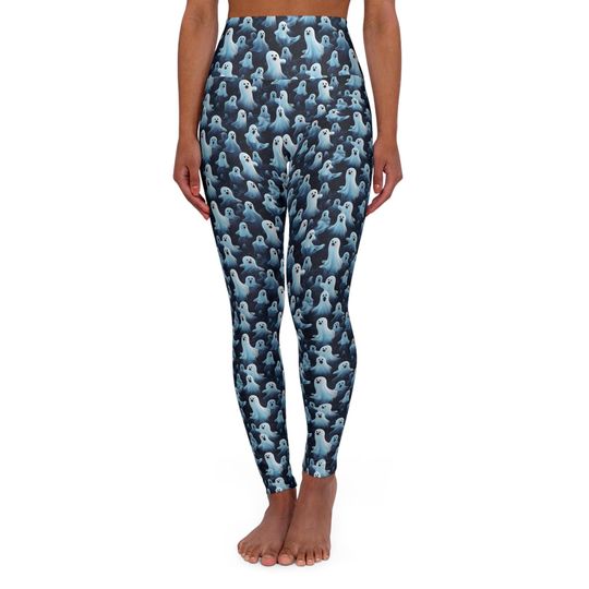 Ghostly Glam Women’s Ghost Print High Waisted Leggings for Halloween and Yoga