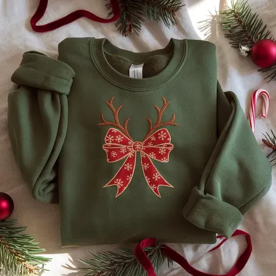 Coquette Bow Reindeer Christmas Embroidered Sweatshirt, Holiday Crewneck, Coquette Christmas Sweater, Cute Xmas Deer