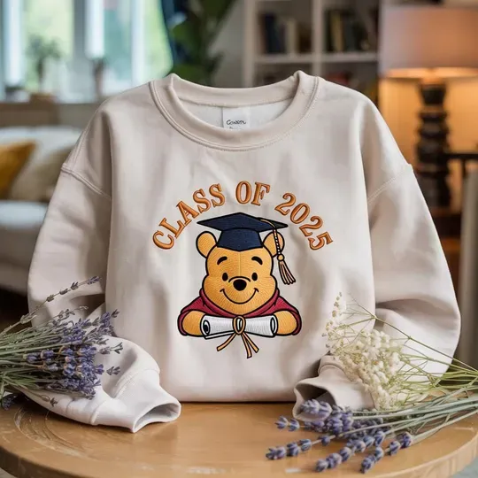 Pooh Bear Graduation Embroidered Sweatshirt, Class Of 2025 Sweater, Disney Grad Crewneck, Embroidered Senior Pullover, Cute College Gift